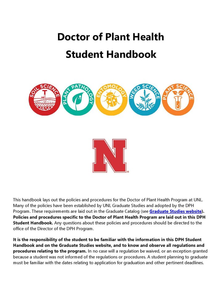 Front cover of the DPH student handbook. Including the DPH icons and the red Nebraska "N"